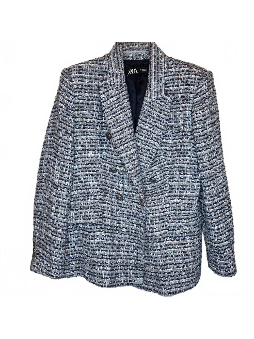 Zara Blue & White Tweed Double-Breasted Blazer